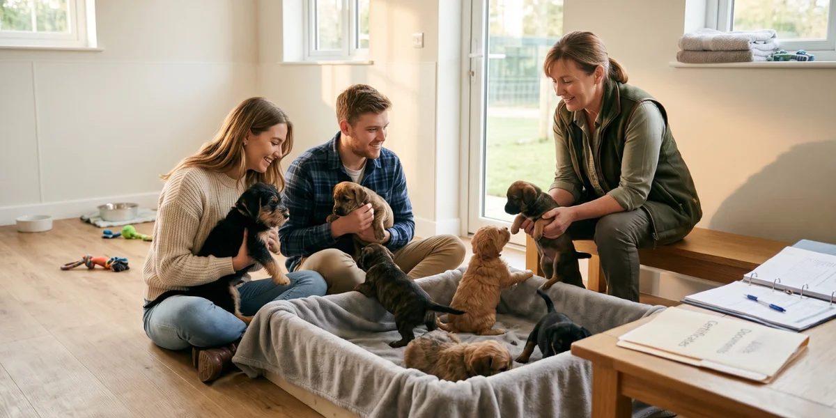 Couple choosing a crossbreed puppy from a responsible breeder with health certificates visible