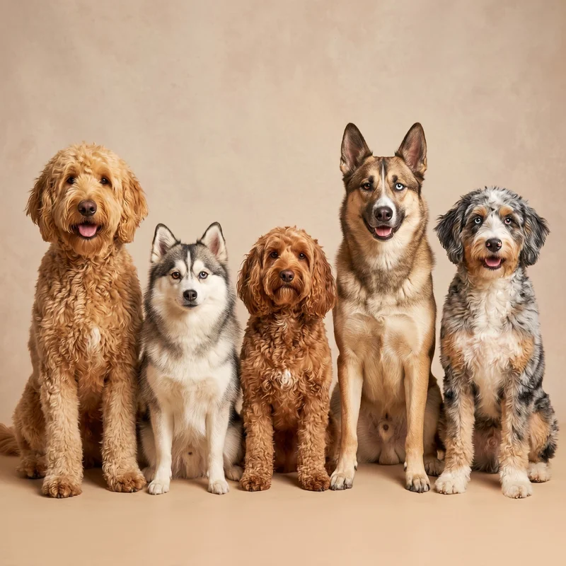 Five popular crossbreed dogs side by side: Goldendoodle, Pomsky, Cockapoo, Belusky and Aussiedoodle