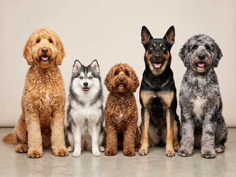 Cinq chiens croisés populaires côte à côte : Goldendoodle, Pomsky, Cockapoo, Belusky et Aussiedoodle