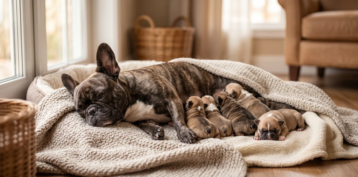 Chienne adulte entourée de ses chiots aux robes légèrement différentes