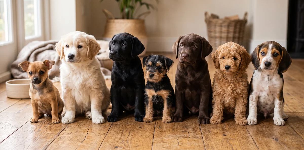 Plusieurs chiots d'une même portée aux tailles et robes variées