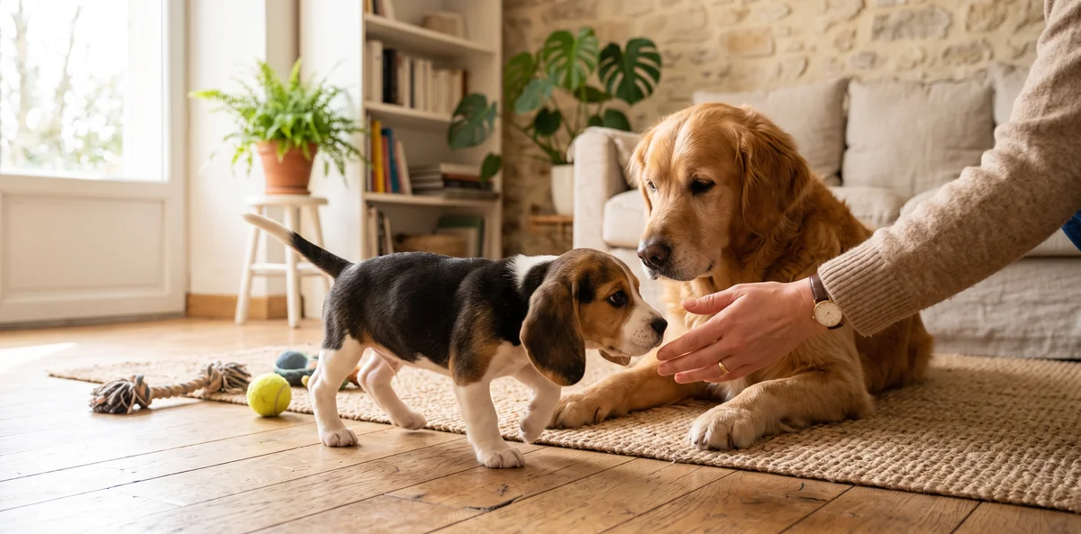 Jeune chiot curieux découvrant son environnement auprès d'un adulte calme