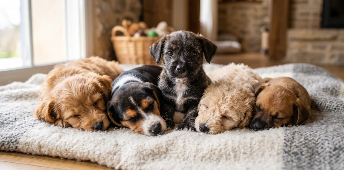 Portée de chiots aux couleurs et poils variés illustrant la part de hasard d'un croisement