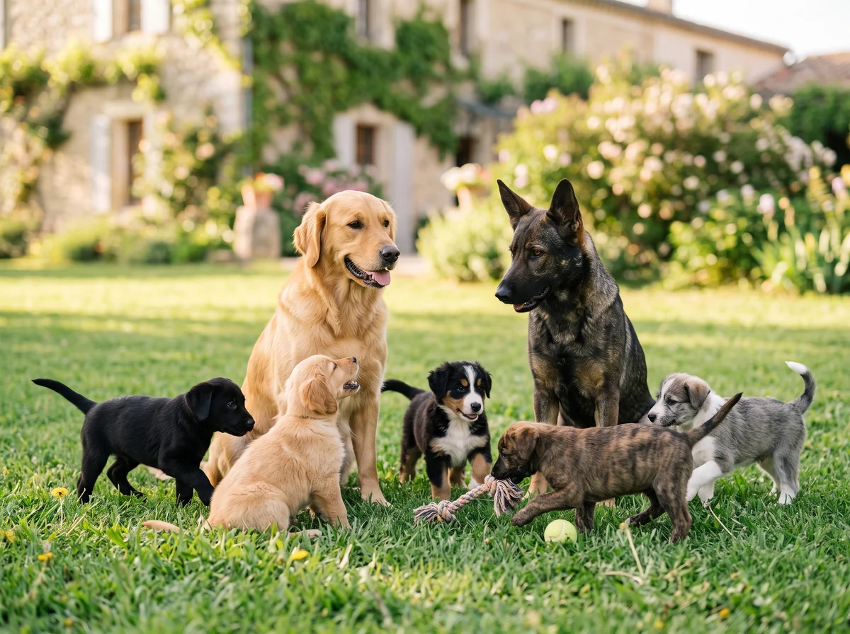 Two adult dogs and their varied colored puppies illustrating a dog cross