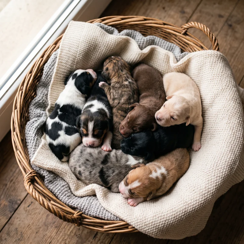 Chiots d'une même portée aux robes toutes différentes dans un panier