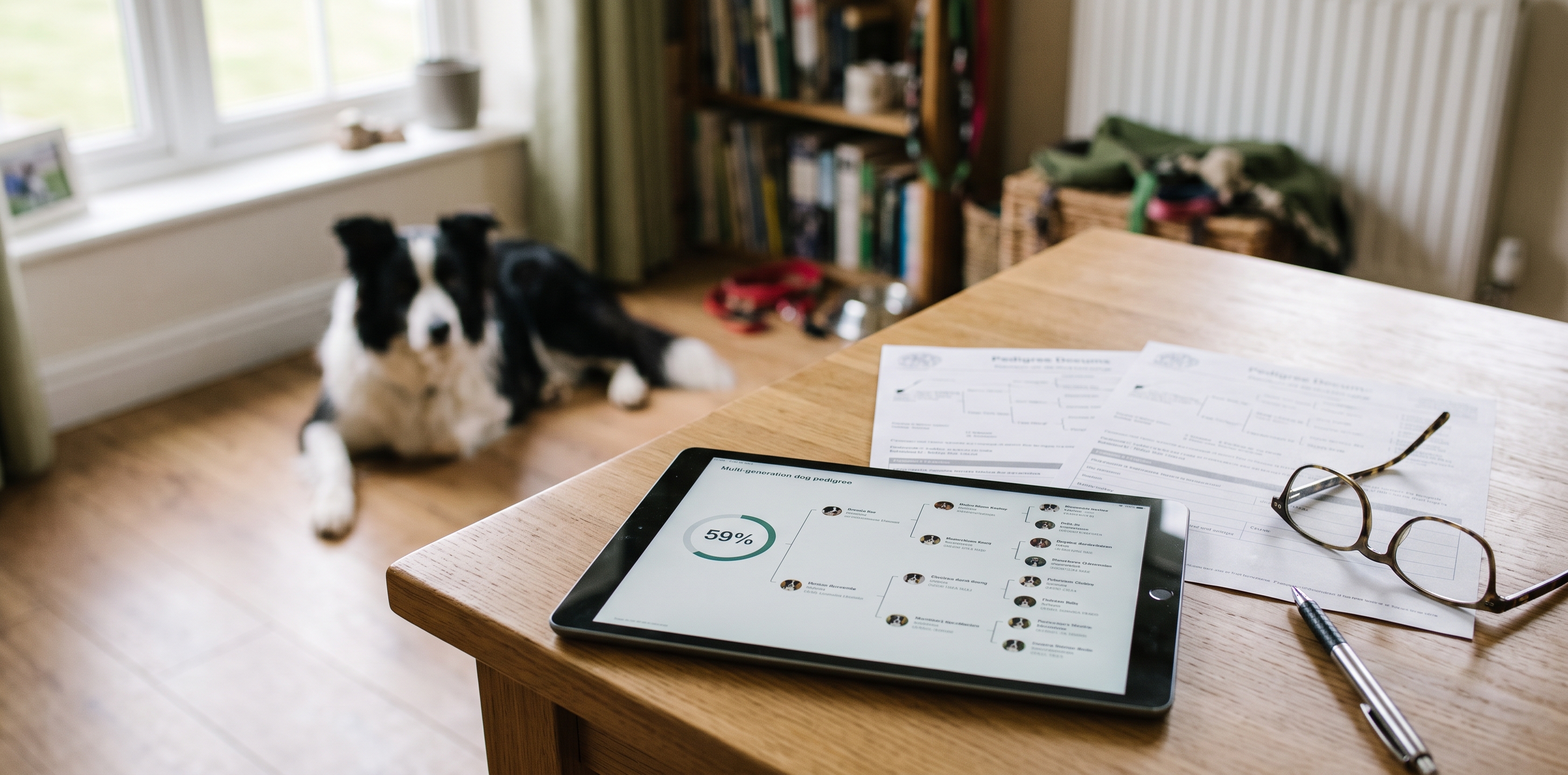 Pedigree de chien sur une tablette avec un pourcentage de COI affiché à côté d'un Border Collie