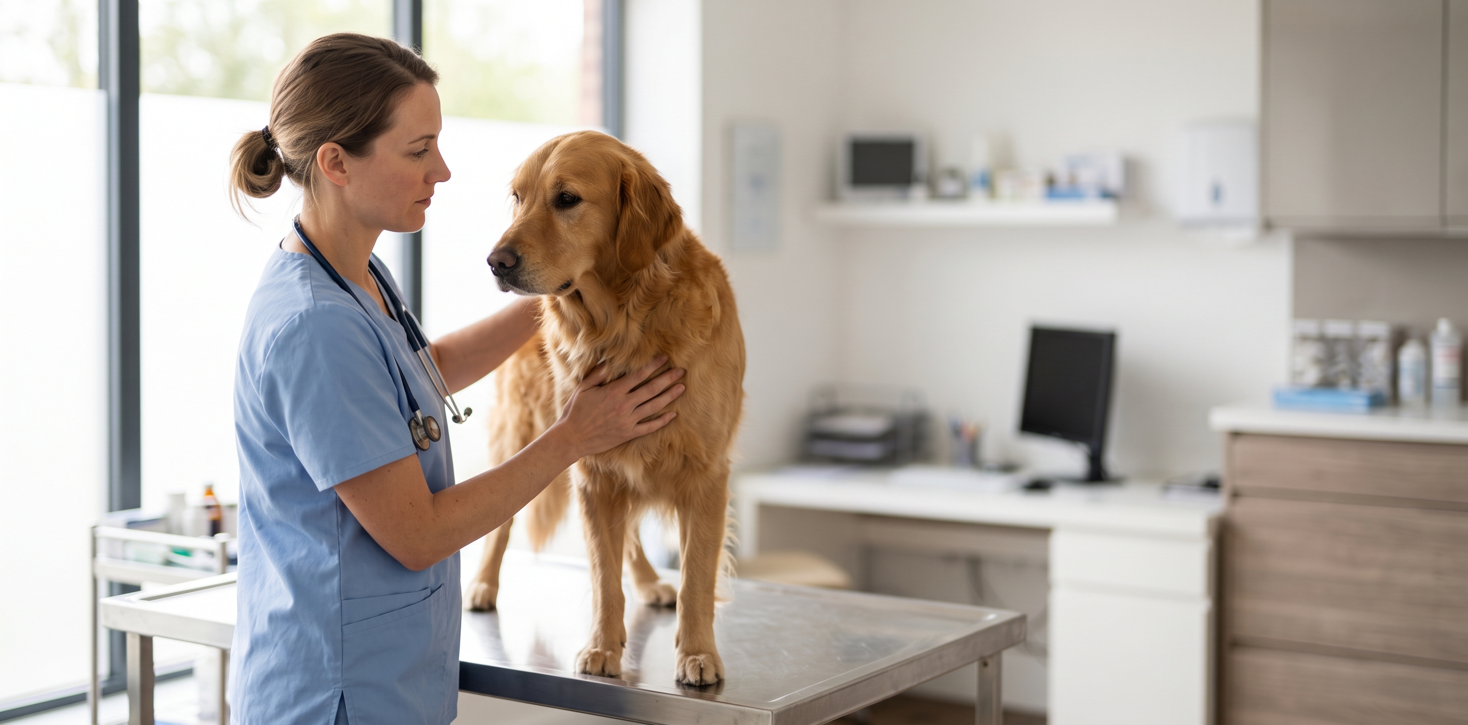 Vétérinaire examinant un Golden Retriever adulte sur une table de consultation