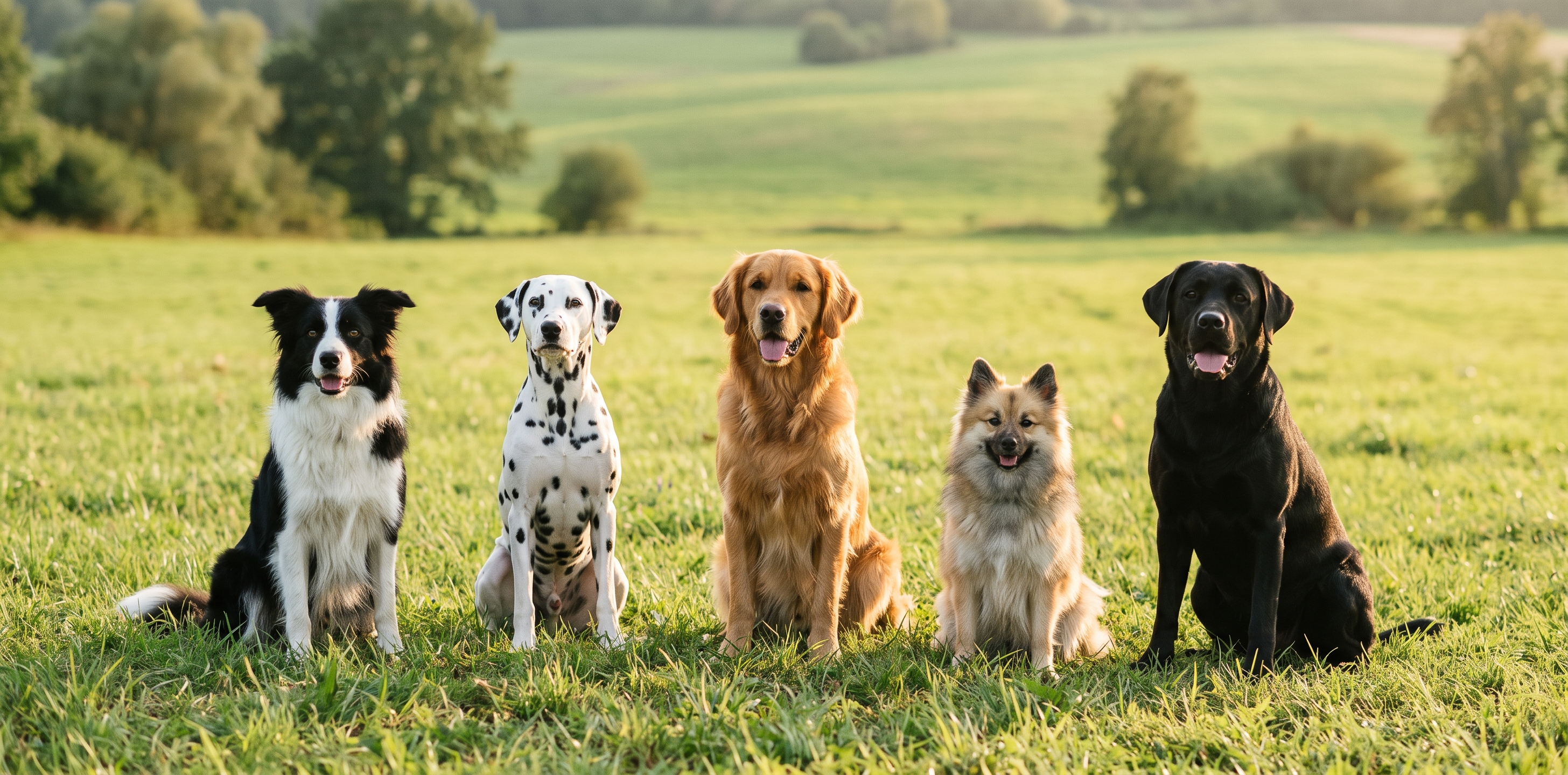 Groupe de chiens de races différentes assis côte à côte dans un champ au soleil