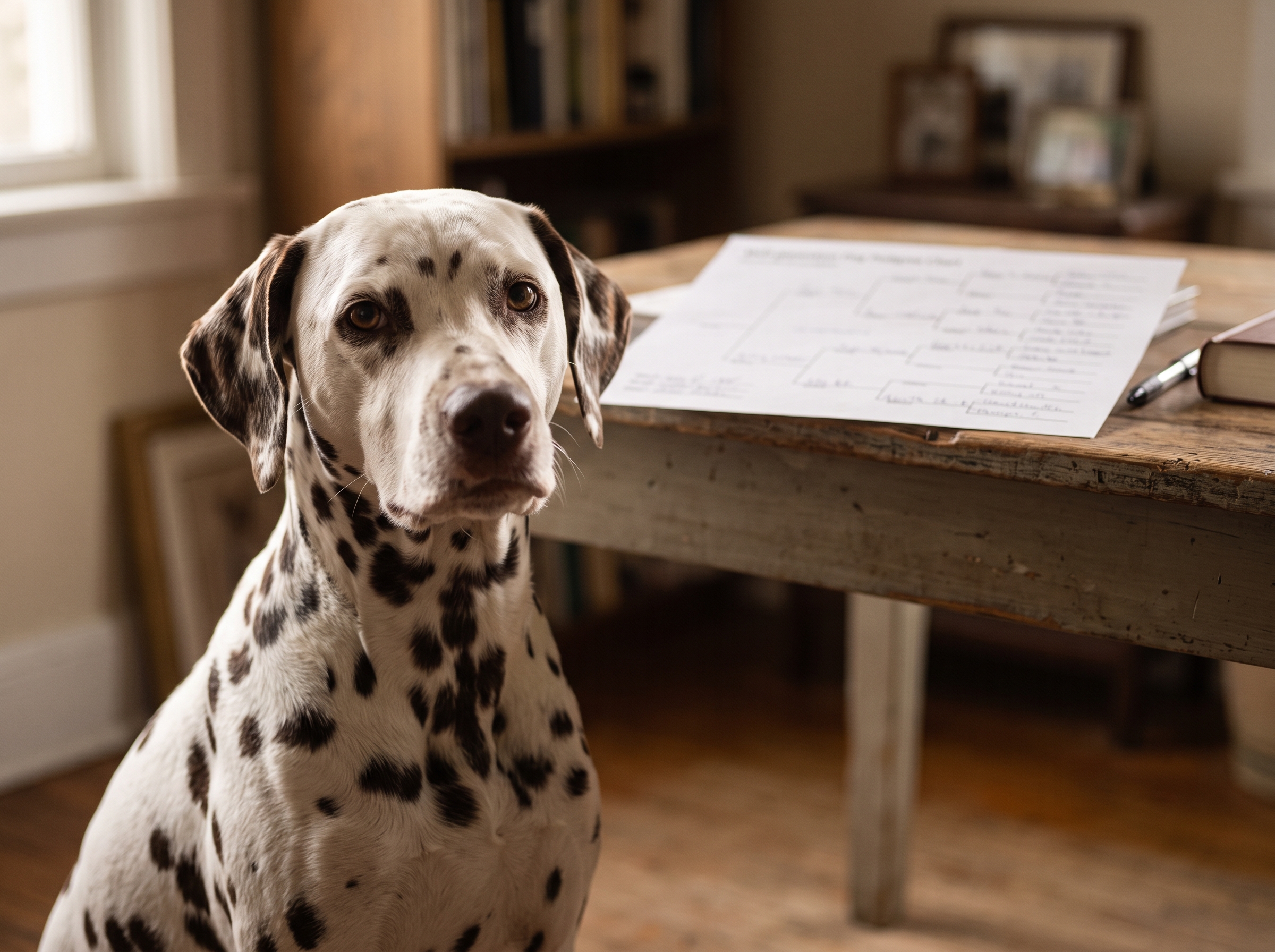 Dalmatien devant un pedigree illustrant la consanguinité chez le chien et le COI
