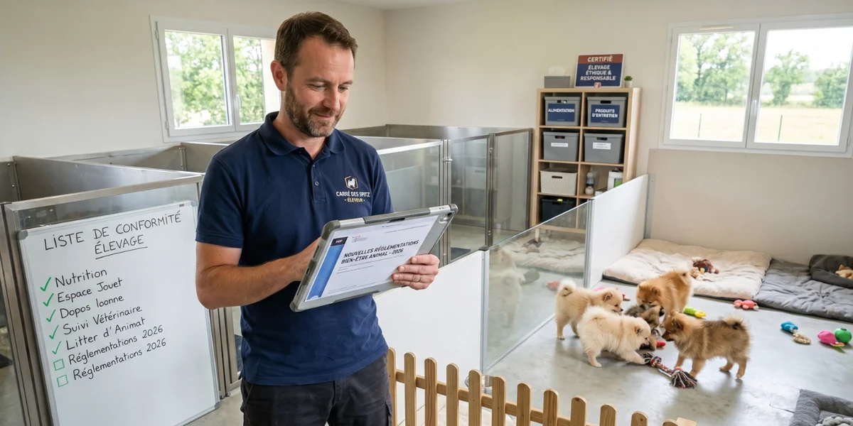Professionnel de l'élevage consultant les nouvelles règles de bien être sur une tablette dans un élevage moderne