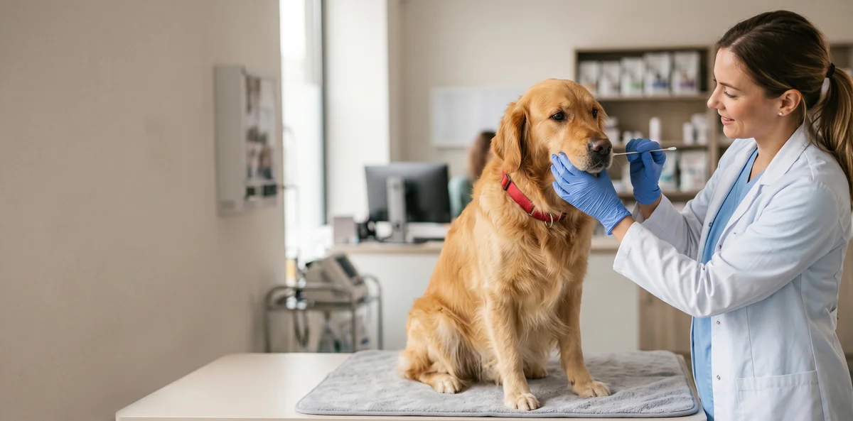 Vétérinaire réalisant un prélèvement ADN sur un chien pour dépister les maladies héréditaires de la race
