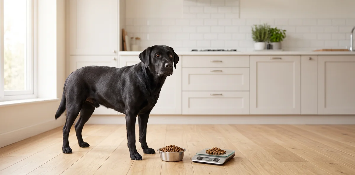 Labrador au poids de forme à côté d'une balance de cuisine et d'une gamelle de croquettes mesurée