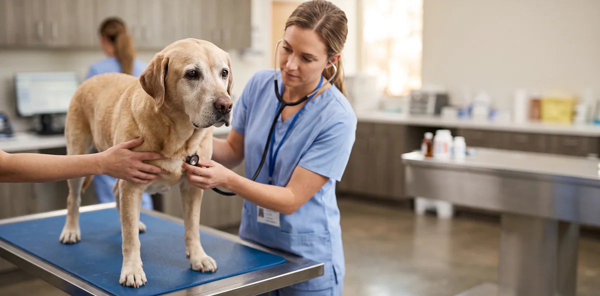 Vétérinaire auscultant un chien sénior lors d'un bilan de santé annuel de prévention