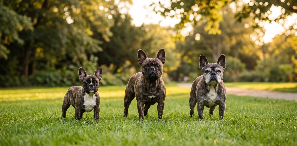 Chiot, chien adulte et chien âgé côte à côte illustrant les besoins différents à chaque étape de la vie