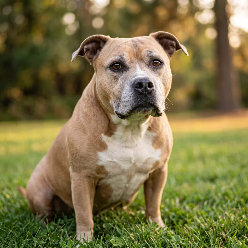 American Bully agé assis dans l'herbe