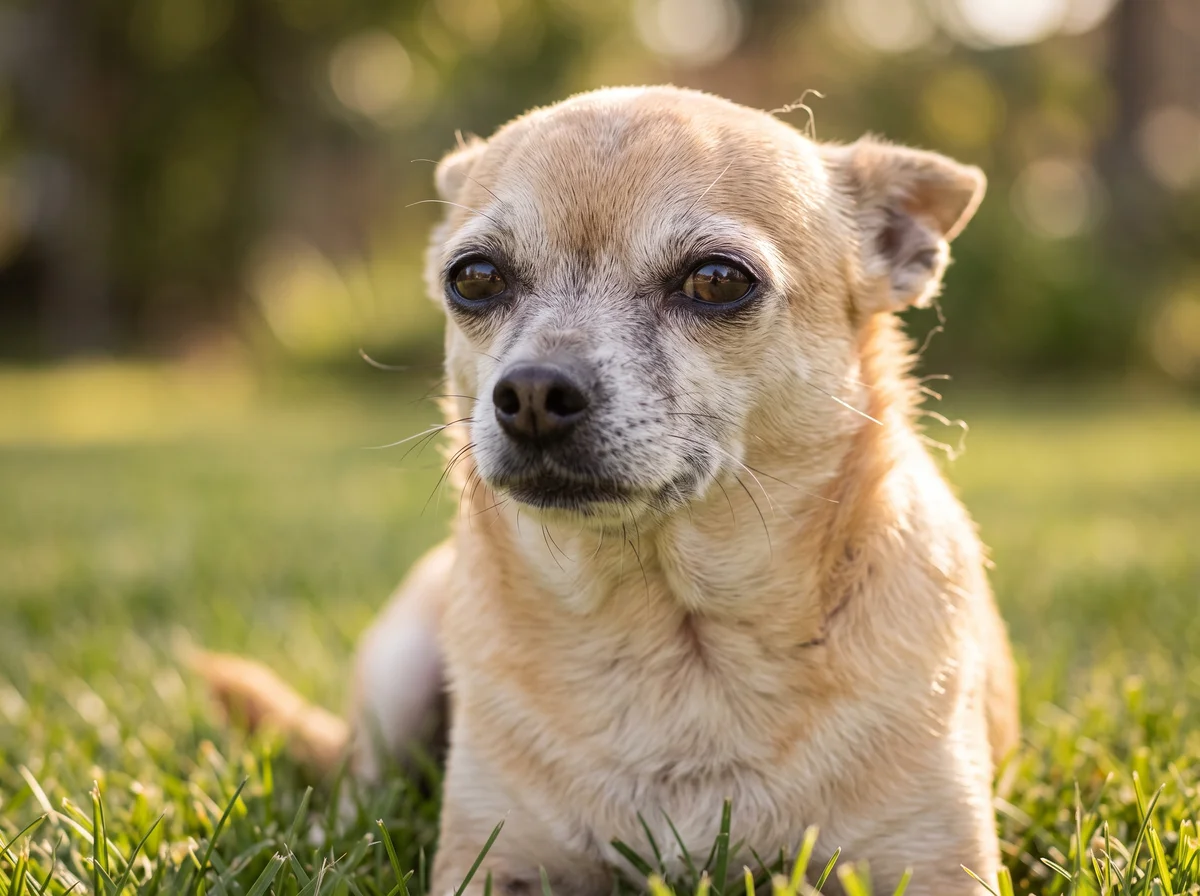 Chien adulte en bonne santé assis dans l'herbe, illustrant les facteurs qui déterminent sa longévité