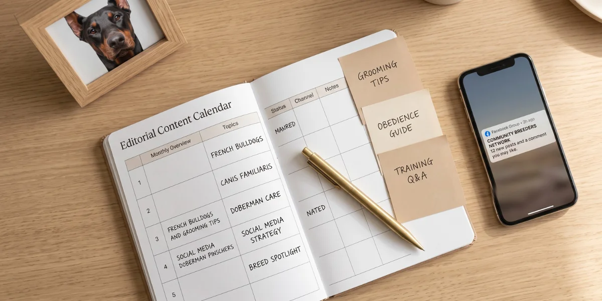 Open editorial calendar on a desk with article topic notes and a smartphone showing a Facebook group notification