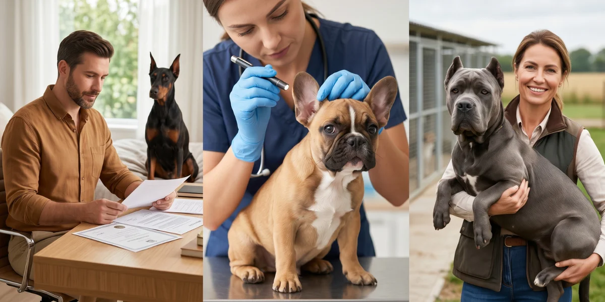 Three-part editorial composition: breeder at desk, exotic puppy at the vet, and breeder holding a Cane Corso