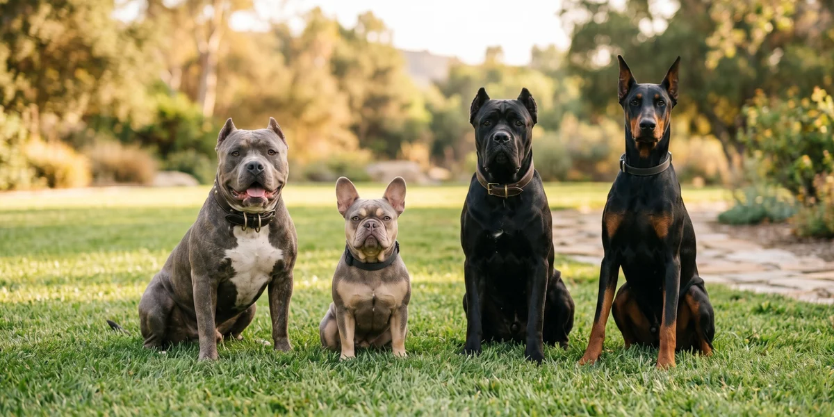 Group of FBKC-registered breeds: American Bully, exotic French Bulldog, Cane Corso and Doberman